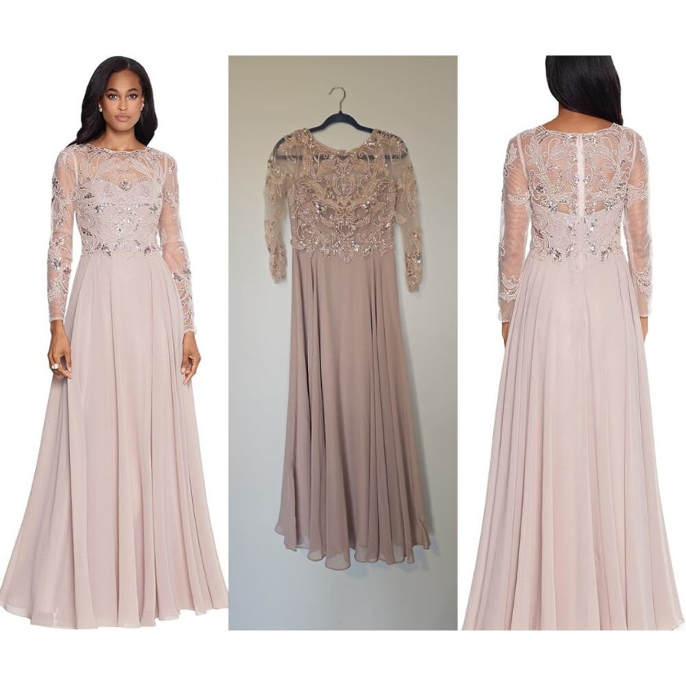 Xscape Beaded Long Sleeve Chiffon Maxi Dress Pink Size 4P